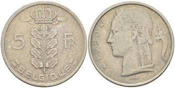 БЕЛЬГИЯ 5 ФРАНКОВ 1950 BELGIQUE, ЛЕОПОЛЬД III (1934-1950) KM 134.1 медно-никель 213-547