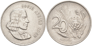 ЮАР 20 ЦЕНТОВ 1965 SOUTH AFRICA, ЯН ВАН РИБЕК (1619-1677), ГОЛЛАНДСКИЙ ИССЛЕДОВАТЕЛЬ , МОРЕПЛАВАТЕЛЬ, ОСНОВАТЕЛЬ Г. КЕЙПТАУНА, ЦВЕТОК ПРОТЕЯ KM 69.1 никель 175-1221