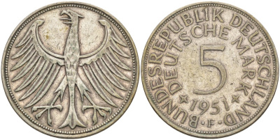 ФРГ 5 марок 1951 F KM 112.1, J. 387 серебро 4587-622