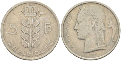 БЕЛЬГИЯ 5 ФРАНКОВ 1950 BELGIQUE, ЛЕОПОЛЬД III (1934-1950) KM 134.1 медно-никель 213-547