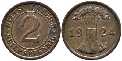 ГЕРМАНИЯ 2 РЕЙХСПФЕННИГА 1924 A, ВЕЙМАРСКАЯ РЕСПУБЛИКА (1919-1933) KM 38, Jager 314, Weege 4 бронза 4546-823
