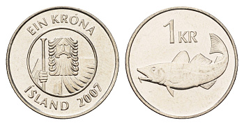Исландия 1 крона 2007 треска KM 27a сталь плакированная никелем UNC 4691-615