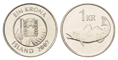 Исландия 1 крона 2007 треска KM 27a сталь плакированная никелем UNC 4691-615