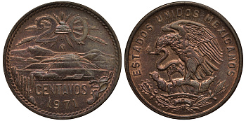 МЕКСИКА 20 СЕНТАВО 1971 ПИРАМИДА СОЛНЦА В ТЕОТИУАКАНЕ KM 440 бронза XF- 215-844