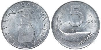 Италия 5 лир 1953 R, дельфин, состояние KM 92 алюминий 4164-427