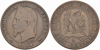 ФРАНЦИЯ 5 САНТИМОВ 1864 A, НАПОЛЕОН III (1852-1870) KM 797.1, LE FRANC 117.11 бронза 108-545
