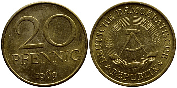 ГДР 20 пфеннигов 1969 А, первый год KM 11 латунь UNC 4398-844