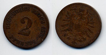 ГЕРМАНИЯ 2 ПФЕННИГА 1874 СТАРОГЕРБОВКА KM 2, J.2 медь 35-435