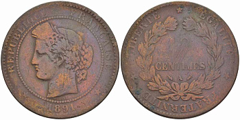 ФРАНЦИЯ 10 САНТИМОВ 1891 A, ТРЕТЬЯ РЕСПУБЛИКА (1871-1940) KM 815.1, LA FRANC 135.36 бронза 82-621