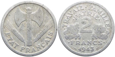 Франция 2 франка 1943 правительство Виши KM 904.1, LE FRANC 270.2 алюминий 109-1221