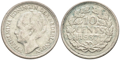 Нидерланды 10 центов 1937 Вильгельмина I (1890-1948) КМ 163 серебро 187-433