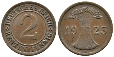 ГЕРМАНИЯ 2 РЕНТЕНПФЕННИГА 1923 A KM 31, J. 307 бронза 71-1647