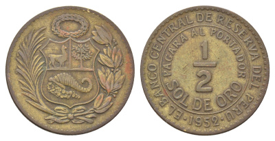 Перу 1/2 соль 1952 KM 220 латунь 4678-925