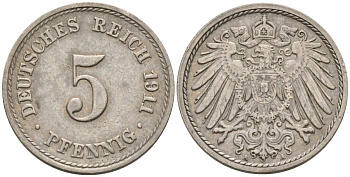 Германия 5 пфеннигов 1911 A KM 11, J. 12, Weege 6 медно-никель 4151-523