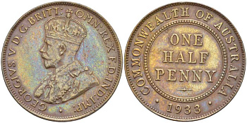 АВСТРАЛИЯ 1/2 ПЕННИ 1933 m, ГЕОРГ V (1910-1936) KM 22 бронза 4514-621