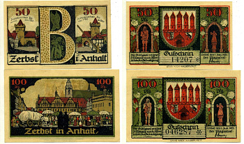 ЦЕРБСТ лот из 2 БАНКНОТ 1921 1 июля 1921, НОТГЕЛЬД (50 И 100 пфеннигов), ЗЕМЛЯ САКСОНИЯ-АНХАЛЬТ Grabowski 1469.2а бумага 2195-5-2-1