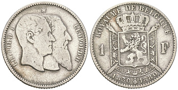 Бельгия 1 франк 1880 Леопольд II (1865-1909), 50 лет независимости KM 38 серебро 63-736