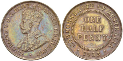 АВСТРАЛИЯ 1/2 ПЕННИ 1933 m, ГЕОРГ V (1910-1936) KM 22 бронза 4514-621
