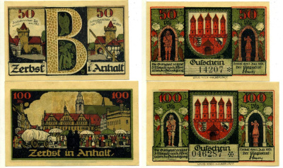 ЦЕРБСТ лот из 2 БАНКНОТ 1921 1 июля 1921, НОТГЕЛЬД (50 И 100 пфеннигов), ЗЕМЛЯ САКСОНИЯ-АНХАЛЬТ Grabowski 1469.2а бумага 2195-5-2-1