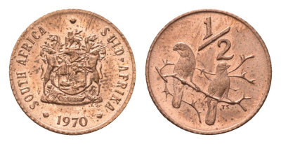 ЮАР 1/2 цента 1970 два капских воробья на ветке KM 81 бронза UNC 4690-1012
