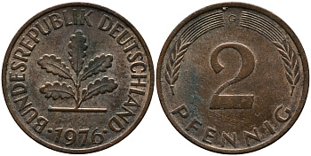 ФРГ 2 пфеннига 1976 G KM 106а, J.381а сталь плакированная медью 99-226