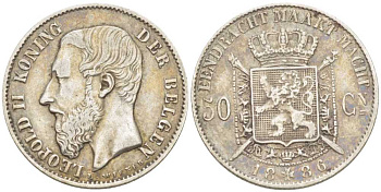 БЕЛЬГИЯ 50 САНТИМОВ 1886 ЛЕОПОЛЬД II (1865-1909) BELGEN KM 27 серебро VF 206-115