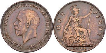 Великобритания 1 пенни 1936 Георг V (1910-1936) KM 838, Spink 4055 бронза 4590-1231