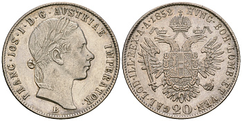 Австрия 20 крейцеров 1852 B, Франц Иосиф I (1848-1916) KM 2211 серебро UNC 413-5935