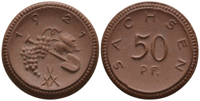 Саксония 50 пфеннигов 1921 виноград и лопата J. N 54 фарфор UNC 1094-8-62