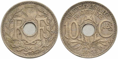 ФРАНЦИЯ 10 САНТИМОВ 1932 ТИП ЛИНДАЙЁ KM 866а, LE FRANC 138.19 медно-никель 108-216