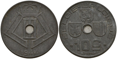 Бельгия 10 сантимов 1942 Belgie - Belgique KM 126 цинк 4187-942