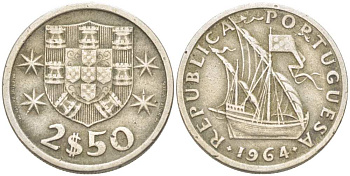 Португалия 2,5 эскудо 1964 парусник KM 590 медно-никель 4513-1133