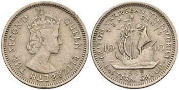 Британские Восточно-Карибские территории 10 центов 1959 Елизавета II (1952-2022), парусник KM 5 медно-никель 4596-518