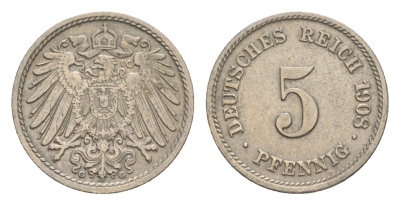 Германия 5 пфеннигов 1908 G, Вильгельм II (1888-1918) KM 11, J. 12 медно-никель 4640-128