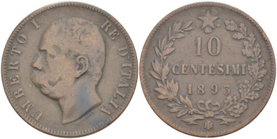 ИТАЛИЯ 10 ЧЕНТЕЗИМО 1893 BЛ, МОНДВОР БИРМИНГЕМ, УМБЕРТО I (1878-1900) KM 27.1 медь 4526-935