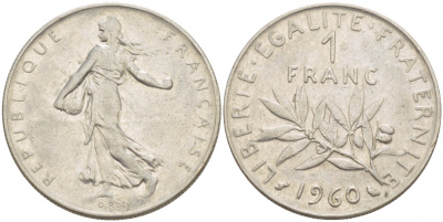 ФРАНЦИЯ 1 ФРАНК 1960 СЕЯТЕЛЬ KM 925.1, LE FRANC 226.4 никель 4546-1236