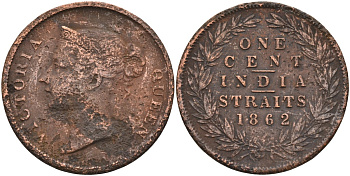 Стрейтс-Сетлментс 1 цент 1862 Виктория (1837-1901), Ост-Индская компания KM 6 медь 4590-232