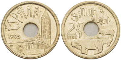 Испания 25 песет 1995 Кастилья и Леон (Castilla y Leon), Хуан Карлос I (1975-2014) KM 948 латунь 213-216