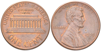 США 1 цент 1989 D, Линкольн KM 201b цинк плакированный медью 4613-1246