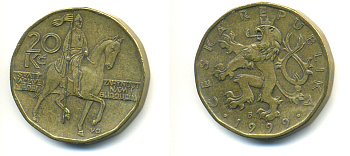 Чехия 20 крон 1999 чешский лев, герцог Вацлав на коне KM 5 сталь плакированная латунью 89-1633