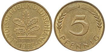 ФРГ 5 пфеннигов 1972 J KM 107, J.382 сталь плакированная латунью 4174-525