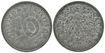 Германия 10 рейхспфеннигов 1947 F, оккупация Германии союзными войсками J. 375, KM A104 цинк aUNC 413-411