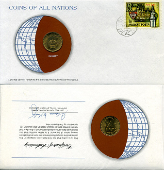 Венгрия 2 форинта 1978 ВР конверт с маркой первого дня гашения, Coins of Nations KM 591 латунь UNC 4294-44-2