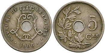 Бельгия 5 сантимов 1906 BELGIQUE KM 54 медно-никель 4174-254