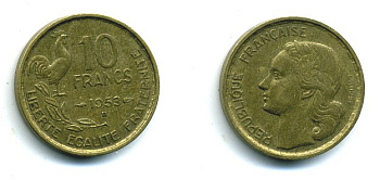 Франция 10 франков 1953 B, петух KM 915.2, Le Franc 363.9 алюминиевая бронза 46-433