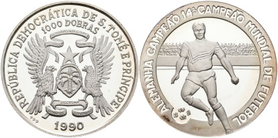 Сан-Томе и Принсипи 1000 добра 1990 чемпионат мира по футболу в Германии, один игрок KM 47 серебро PROOF 04-138-12