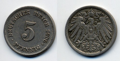 ГЕРМАНИЯ 5 ПФЕННИГОВ 1906 E, KM 11, J. 12 медно-никель 76-135