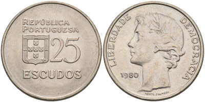 Португалия 25 эскудо 1980 первый год KM 607а медно-никель 4572-1121