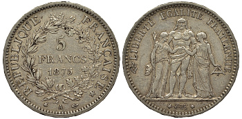 Франция 5 франков 1875 А, Геракл с богинями равенства и братства KM 820.1 серебро 1530-1023