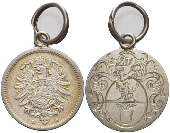 ГЕРМАНИЯ КУЛОН, ПОДВЕСКА XIX-XX ВЕК ИЗДЕЛИЕ ИЗ 50 ПФЕННИГОВ МОНДВОР D, С ГРАВИРОВКОЙ ГЕРБА, ДИАМЕТР 20 ММ., С КОЛЬЦОМ ДЛЯ НОШЕНИЯ белый металл 4527-931
